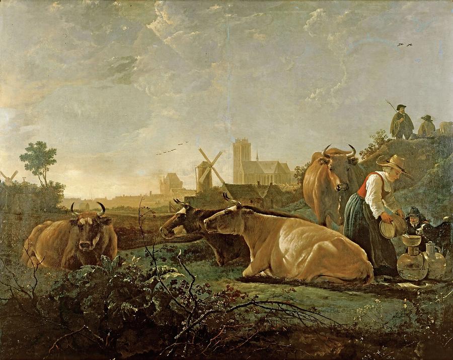 Aelbert Cuyp Painting - A Milkmaid and Cattle near Dordrecht. National Gallery. by Aelbert Jacobsz Cuyp -1620-1691-