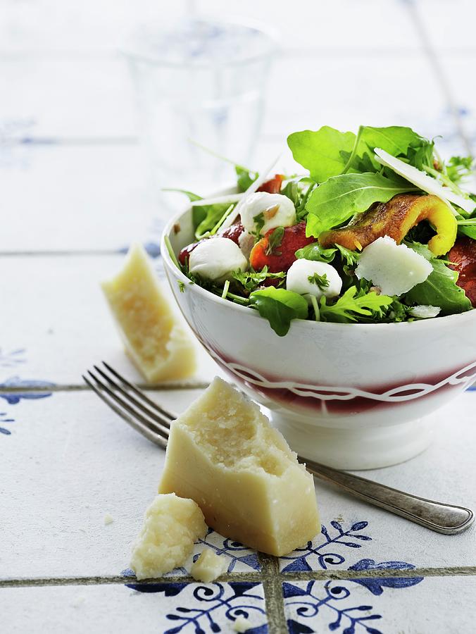 A Mixed Leaf Salad With Grilled Pepper Strips, Mozzarella And Parmesan Cheese Photograph by Mikkel Adsbl