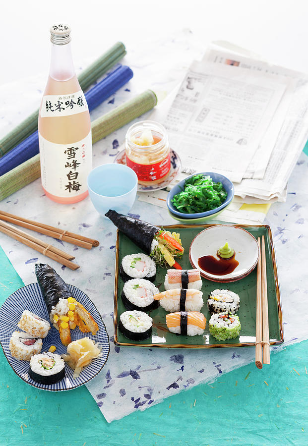 A Mixed Sushi Platter With Soy Sauce, Ginger And Wasabi Photograph by Peter Kooijman