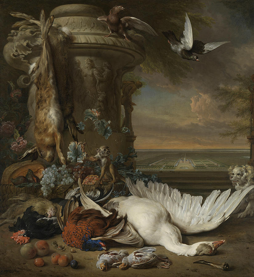 A Monkey and a Dog Beside Dead Game and Fruit Painting by Jan Weenix