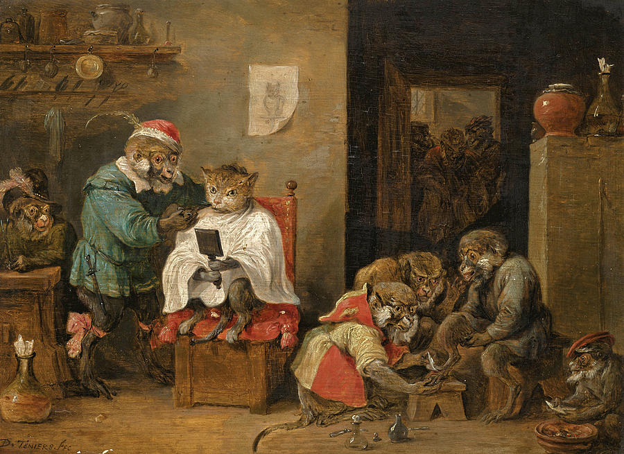A Monkey Barber Shop Painting by Follower of David Teniers the Younger