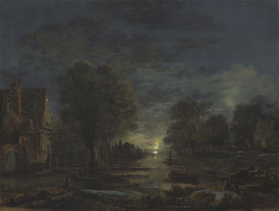 A Moonlit Landscape, With An Inn Beside A River Painting by Aert Van Der Neer A Moonlit Landscape, With An Inn Beside A River Painting by Aert Van Der Neer