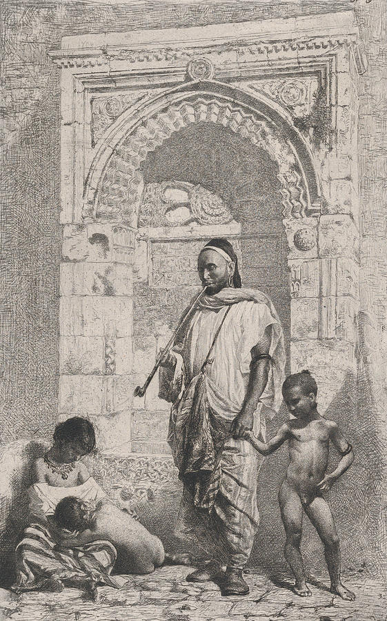 A Moroccan family in front of an arch, father standing, Relief by Maria Fortuny