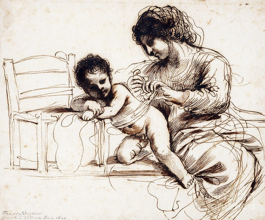 Furniture Drawing - A Mother And Child By A Chair by Guercino