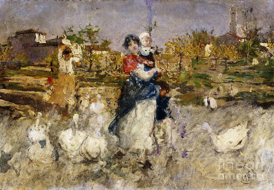 Mose Bianchi Painting - A Mother And Child With Geese by Mose Bianchi