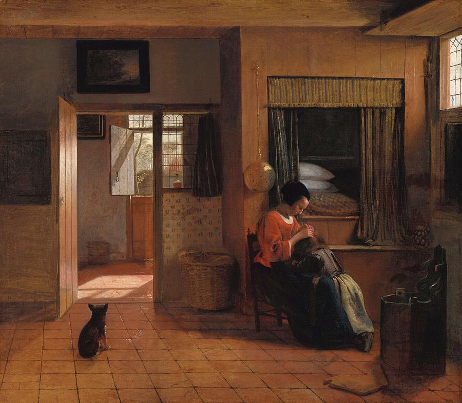 A Mother Delousing her Childs Hair, Known as A Mothers Duty. Interior with a Mother Delousing... Painting by Pieter De Hooch