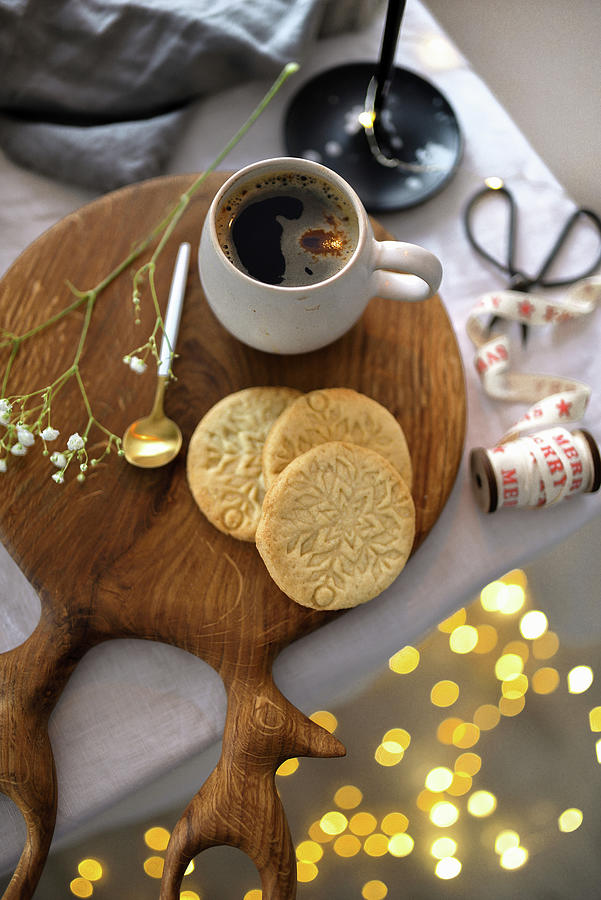 A Mug Of Coffee On A Wooden Board With Cookies Photograph by Karolina Smyk