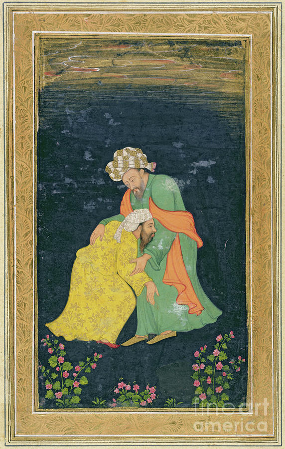 India Painting - A Mullah Bowing Down To A Man In Iranian Dress Who Lifts Him Up From His Supplication, From The Small Clive Album by Mughal School