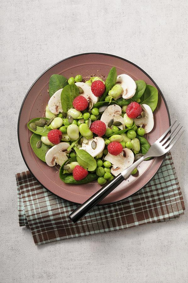 A Mushroom Salad With Spinach, Beans, Peas And Raspberries Photograph by Jean-christophe Riou