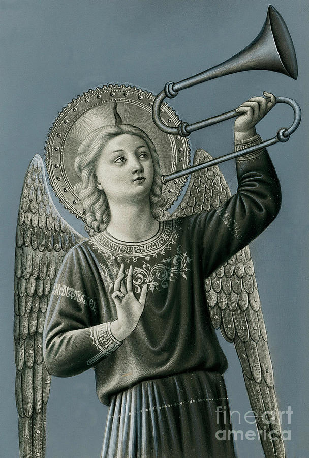 A musician angel playing trombone  Painting by Italian School