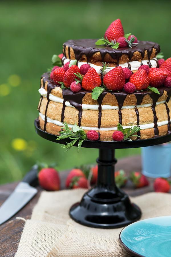 A Naked Cake With Strawberries Cream And Chocolate Glaze Photograph By Malgorzata Laniak Fine