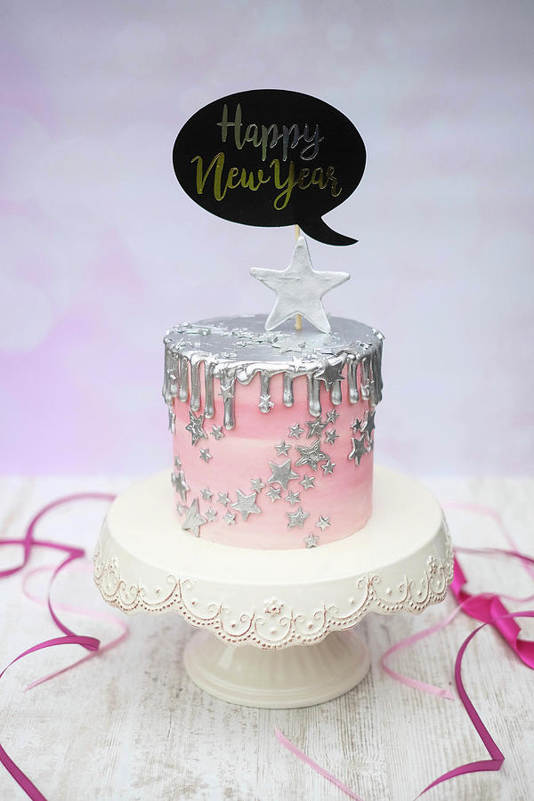 A New Years Eve Cake With Sliver Drips And A Decorative Speech Bubble Photograph by Marions Kaffeeklatsch
