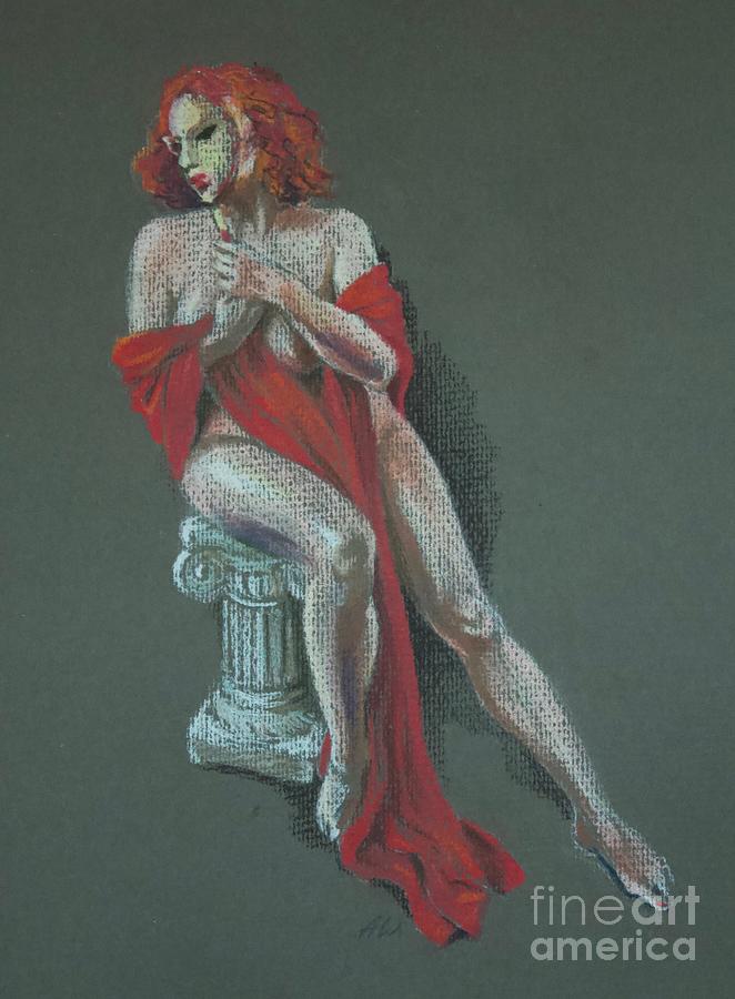 Nude Woman Drawing - A nude redhead woman in a red drapery holding a mask, fine art by Anatol Woolf
