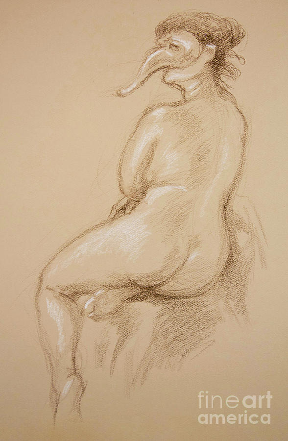 Nude Woman Drawing - A nude woman wearing an Italian mask by Anatol Woolf