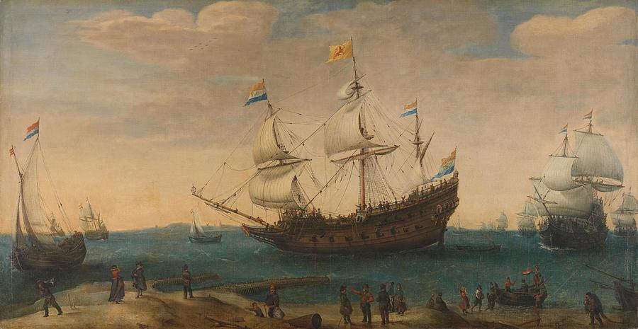 A number of East Indiamen off the Coast -The Mauritius and other East Indiamen Sailing out of the... Painting by Hendrik Cornelisz Vroom -mentioned on object-