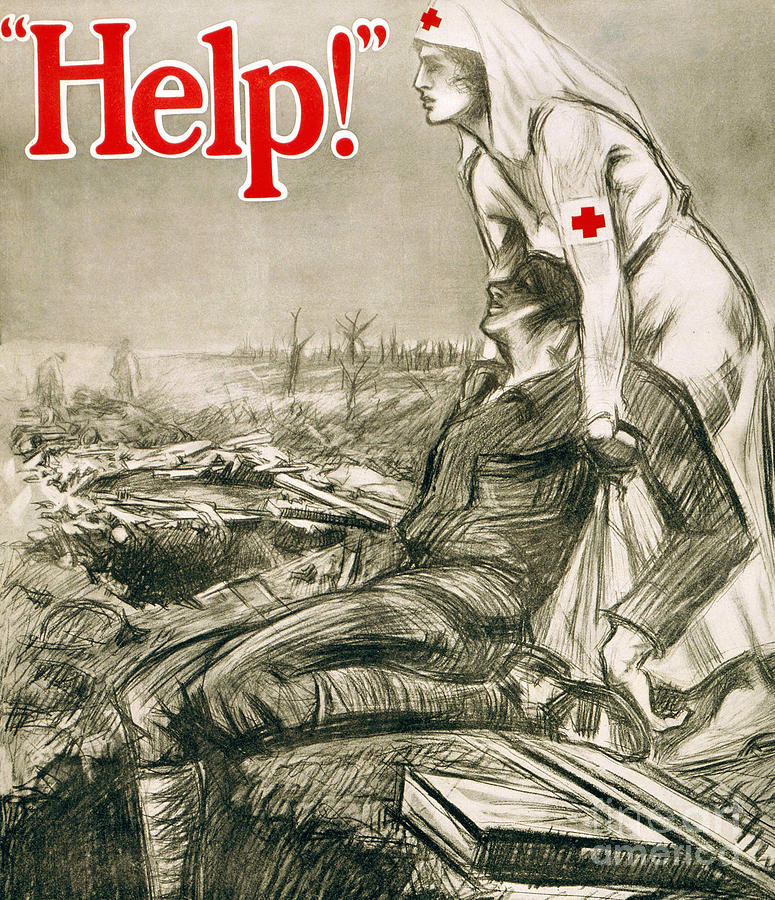 A nurse wearing the red cross on her clothing helps a wounded soldier Painting by English School