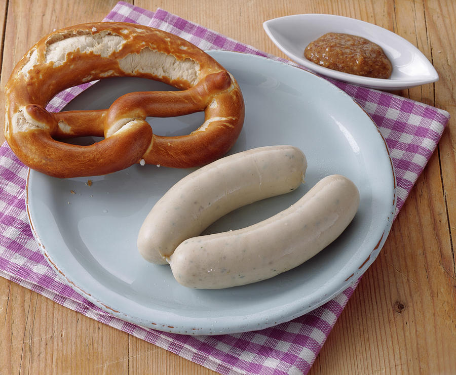 A Pair Of White Sausages With Pretzel And Sweet Mustard snack, Bavaria Photograph by Teubner Foodfoto