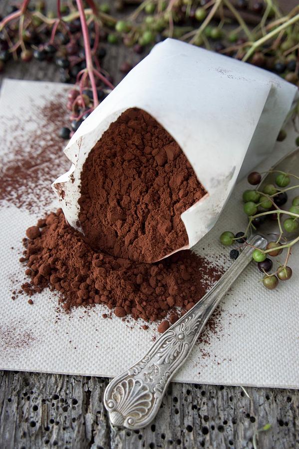 A Paper Bag Of Cocoa Powder With Elderberries Photograph by Martina Schindler