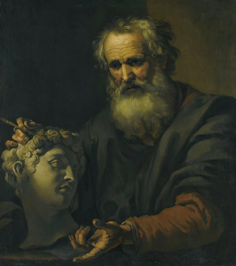 A Philosopher Deep In Thought Holding A Sculpted Head Painting by ...