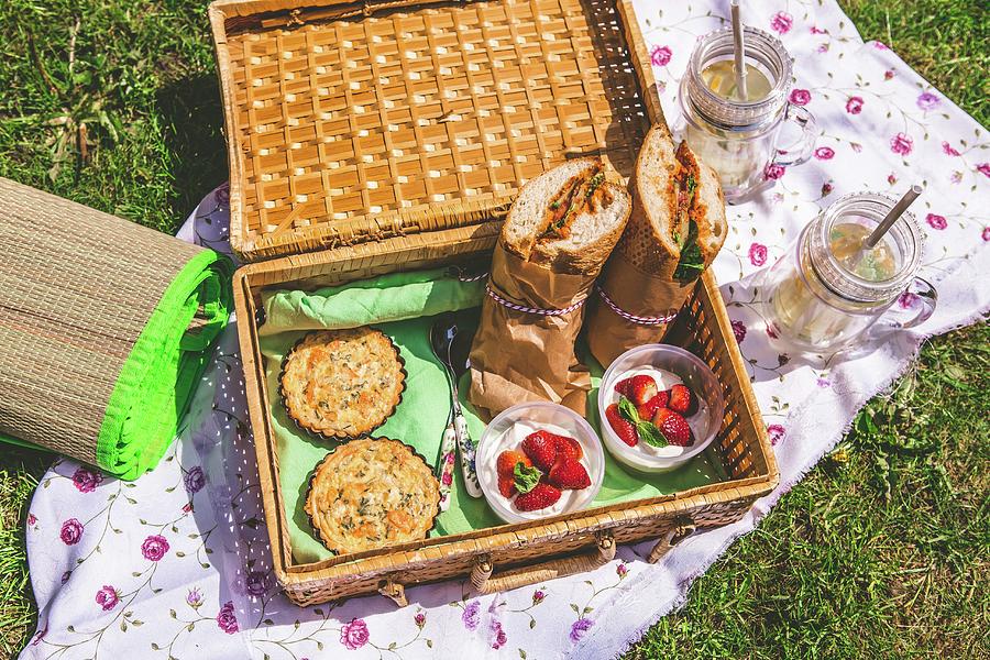 A Picnic Basket In The Grass Photograph by Aniko Takacs