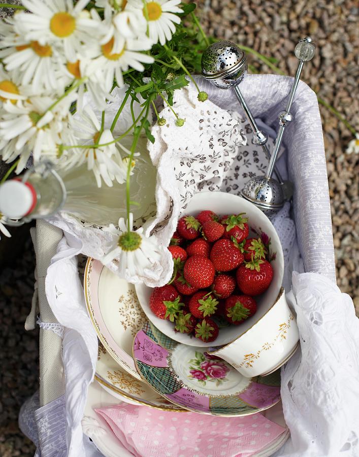 A Picnic Basket With Strawberries And Lemongrass Lemonade On A Bicycle Photograph by Hannah Kompanik