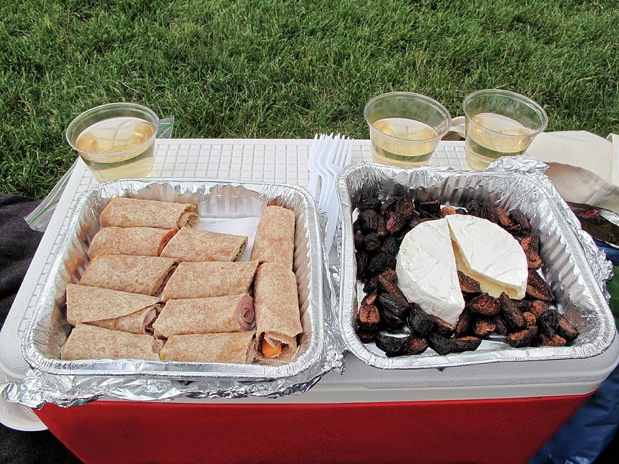A Picnic With Wraps, Dates, Cheese And Wine Photograph by William Boch