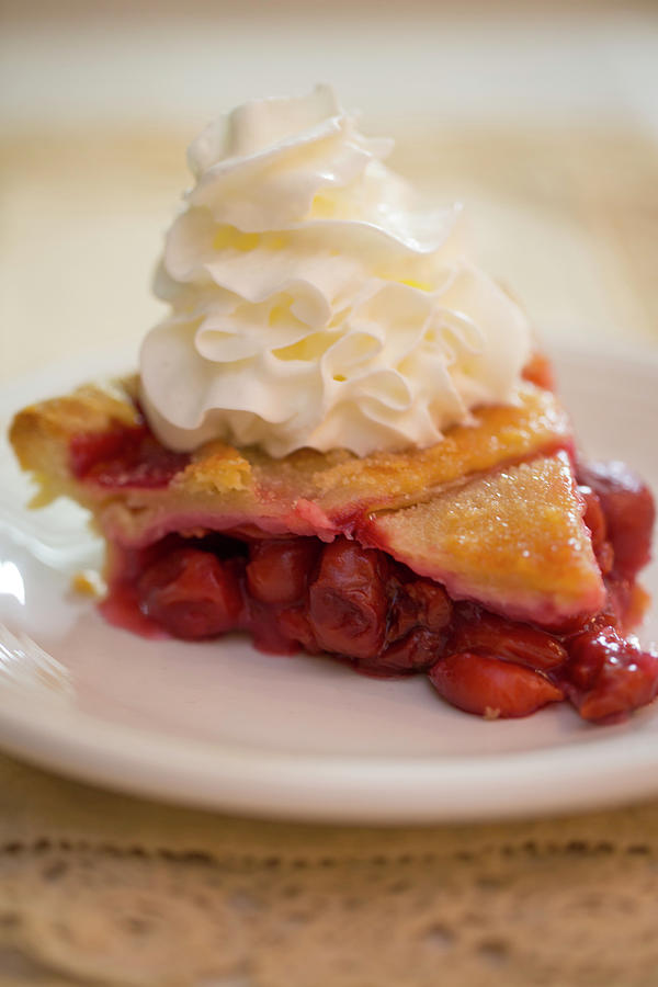 A Piece Of Cherry Pie With Cream Photograph by Eising Studio