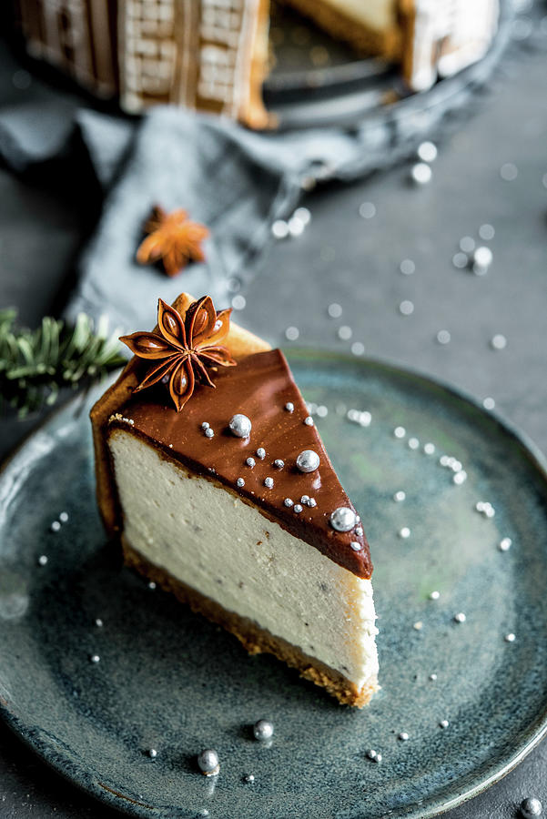 A Piece Of Christmas Chocolate Cheesecake Decorated With Anise Stars Photograph by Diana Kowalczyk