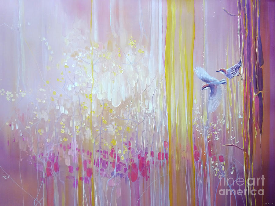 A Piece of Magic - a pink abstract painting with birds and wildflowers Painting by Gill Bustamante