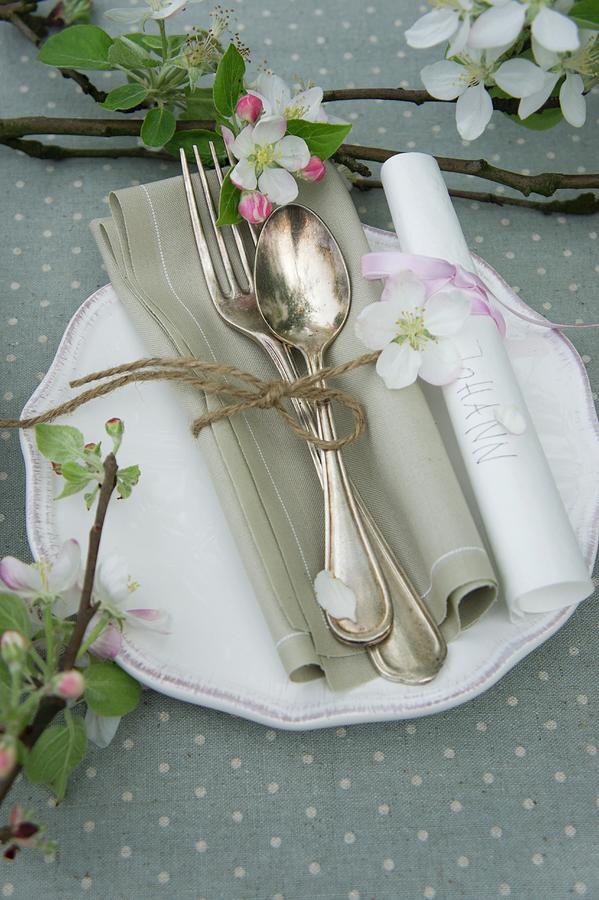 A Place Setting Decorated With Apple Blossom And A Place Card Photograph by Martina Schindler