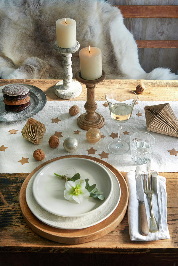 A Place Setting With A Christmas Rose On A Table Decorated For Christmas Photograph by Inge Ofenstein