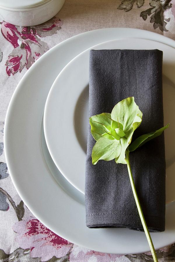 A Place Setting With Two Plates And A Grey Napkin Decorated With A Green Winter Rose Photograph by Catja Vedder