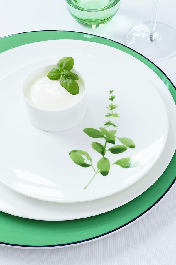 A Plate Decorated With A Basil Motif, And A Small Bowl Of Crme Frache Topped With Basil Leaves Photograph by Taube, Franziska