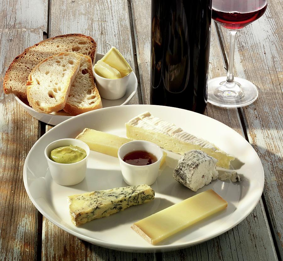 A Plate Of Cheese With Mustard, Bread, Butter And Wine Photograph by Foodfoto Kln