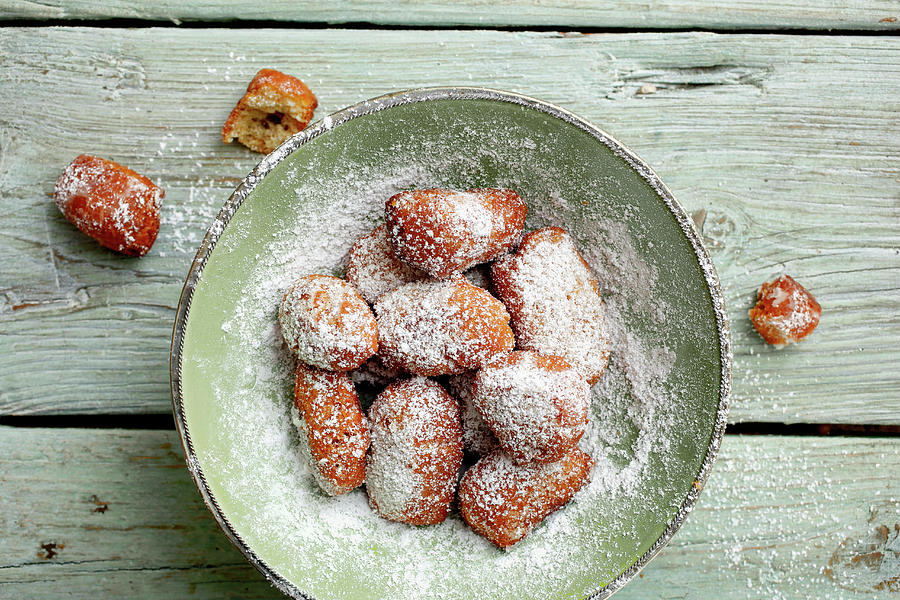 A Plate Of Homemade, Deep-fried Pastries With Icing Sugar seen From Above Photograph by Petr Gross