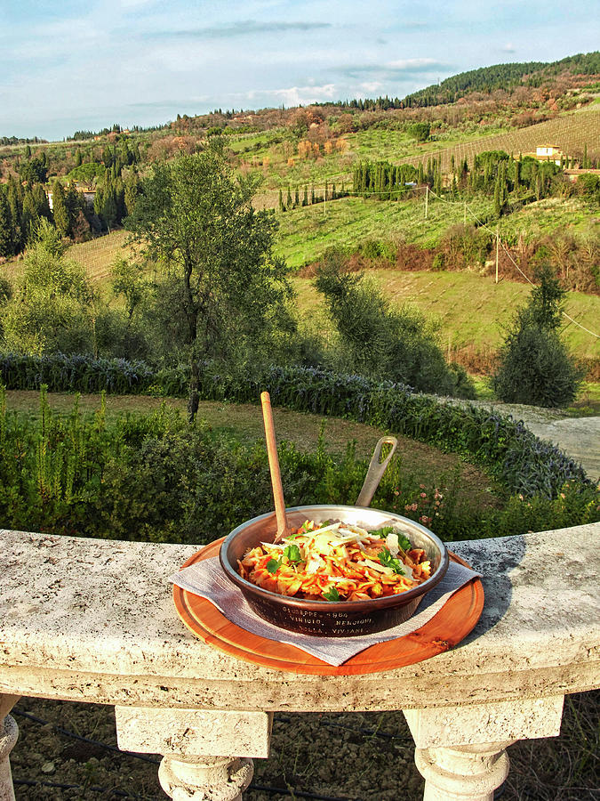 A Plate Of Pasta Against A Tuscan Landscape italy Photograph by Herbert Lehmann