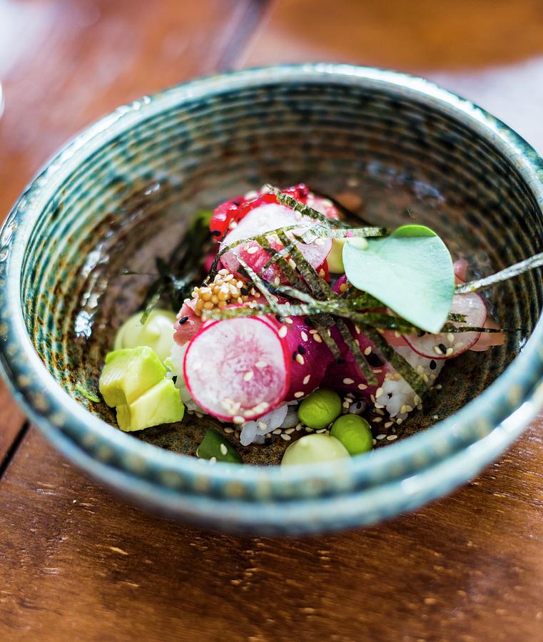 A Poke Bowl With Fish, Salad And Sesame Seeds Photograph by Hein Van Tonder