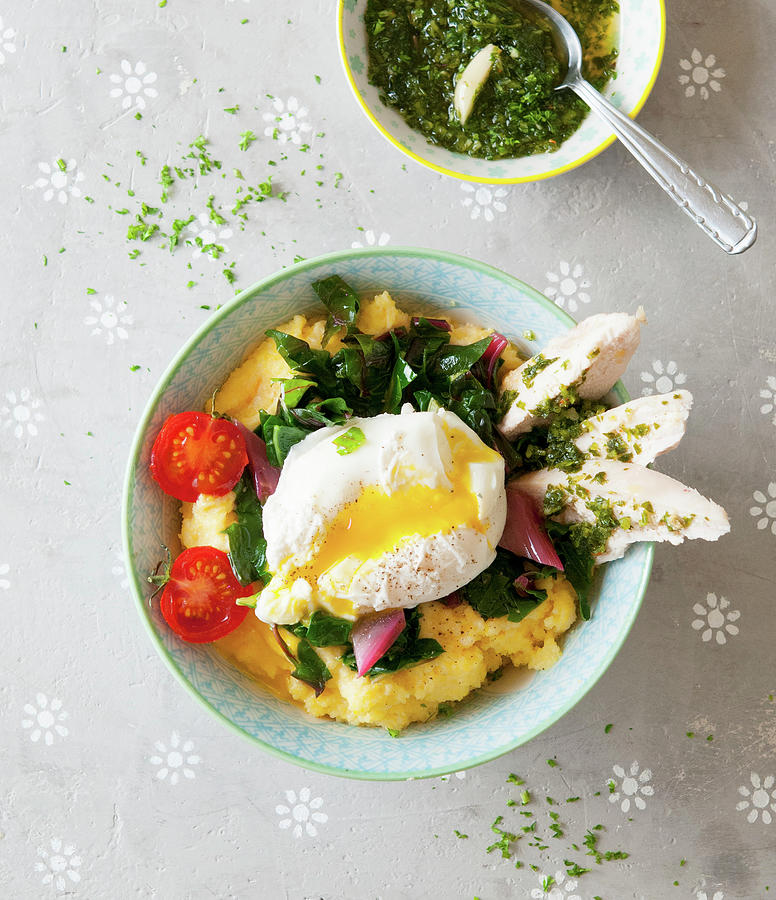 A Polenta Bowl With Chard, A Poached Egg, Turkey And Pesto Photograph by Udo Einenkel