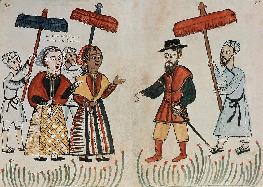 A Portuguese merchant being greeted by his Indian household. 16th century. VASCO DE GAMA. Drawing by Album
