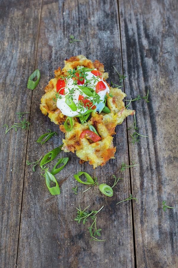 A Potato Fritter Waffle With Crme Frache, Herbs And Tomatoes Photograph by Tina Engel