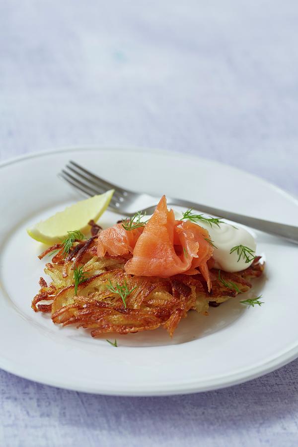 A Potato Fritter With Salmon, Crème Fraîche And Dill Photograph by ...