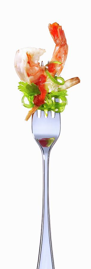 A Prawn, Fish And Algae Salad As A Fork Canap Photograph by Jalag / Michael Holz