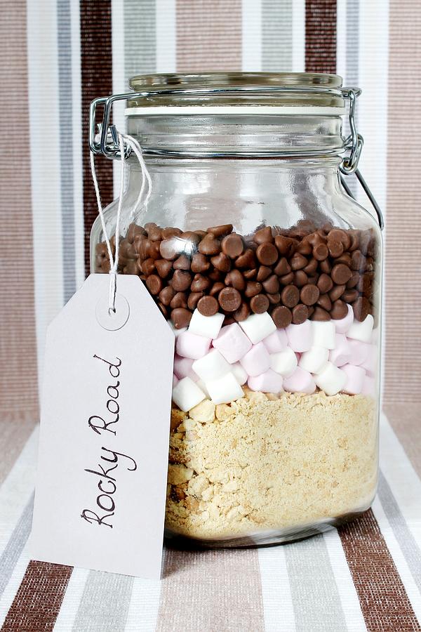 Cake Photograph - A Preserving Jar Containing Dry Ingredients For Making Rocky Road chocolate And Marshmallow Cake, Usa by Mowbray, Philip