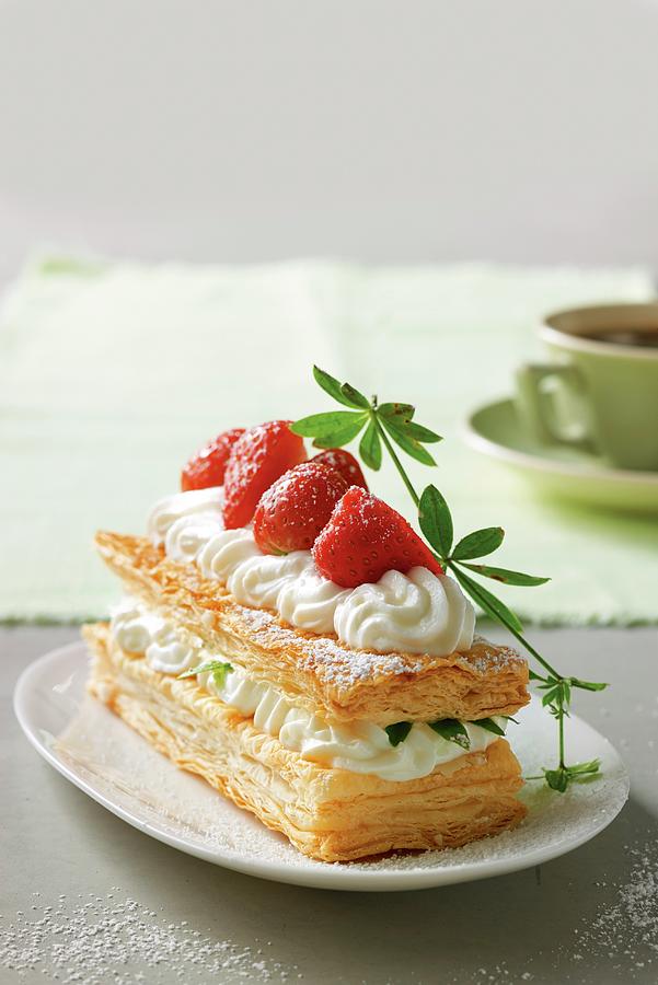 A Puff Pastry Cake With Strawberries And Woodruff And Quark Cream Photograph by Jalag / Jan-peter Westermann
