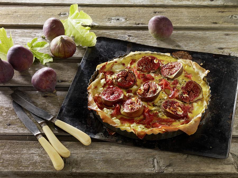 A Puff Pastry Fig, Smoked Ham And Feta Cheese Quiche On A Baking Tray Photograph by Atkinson / Sue Dr.