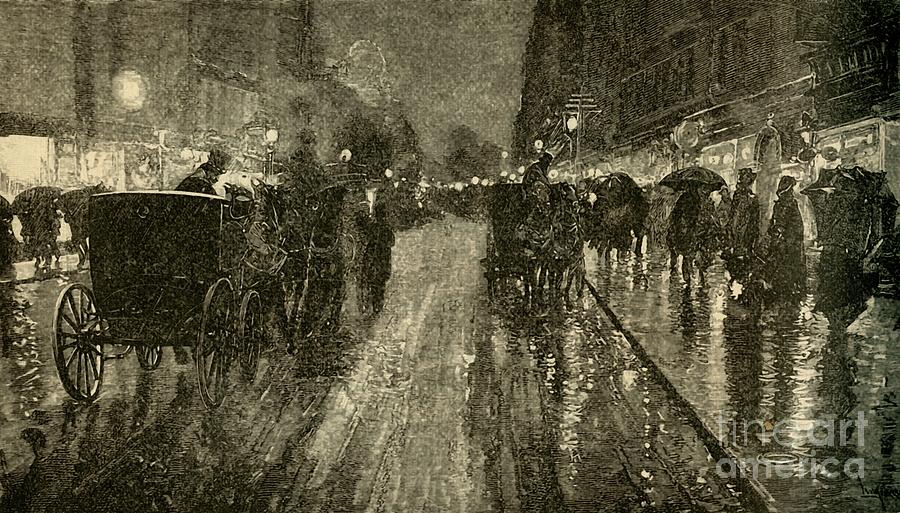 A Rainy Night - Street Lighted Drawing by Print Collector