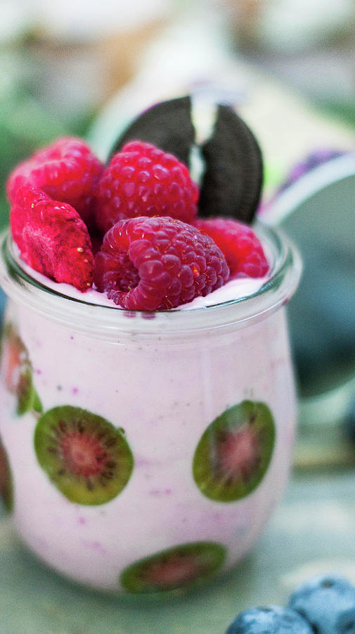 A Raspberry Smoothie With Kiwi Berries And Oreo Biscuits close-up Photograph by Elena Ecimovic