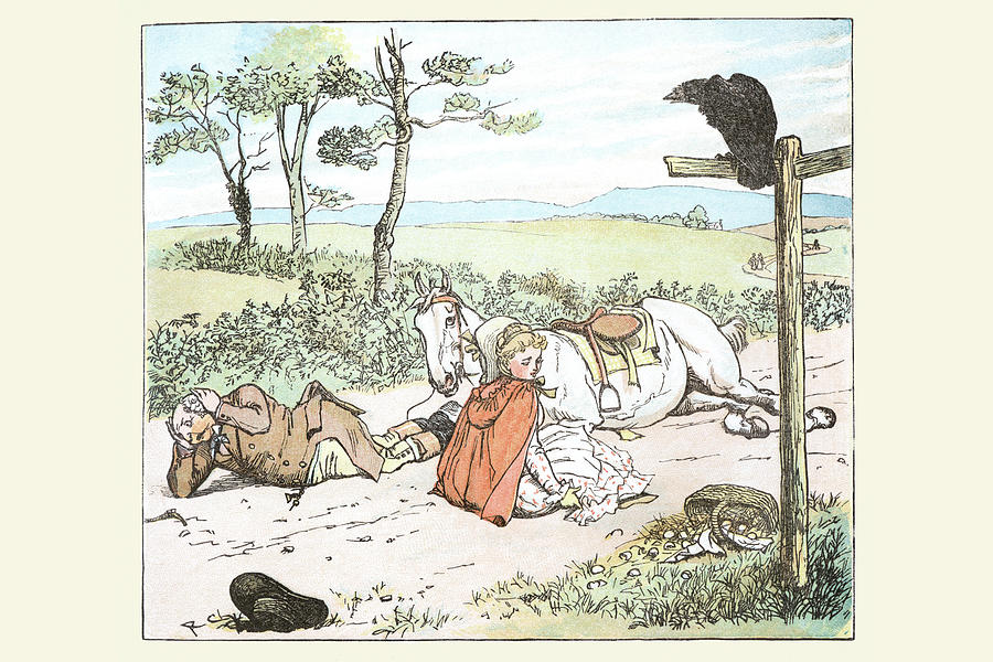 A Raven spooked the Farmers horse and he tumbled to the ground with his daughter Painting by Randolph Caldecott