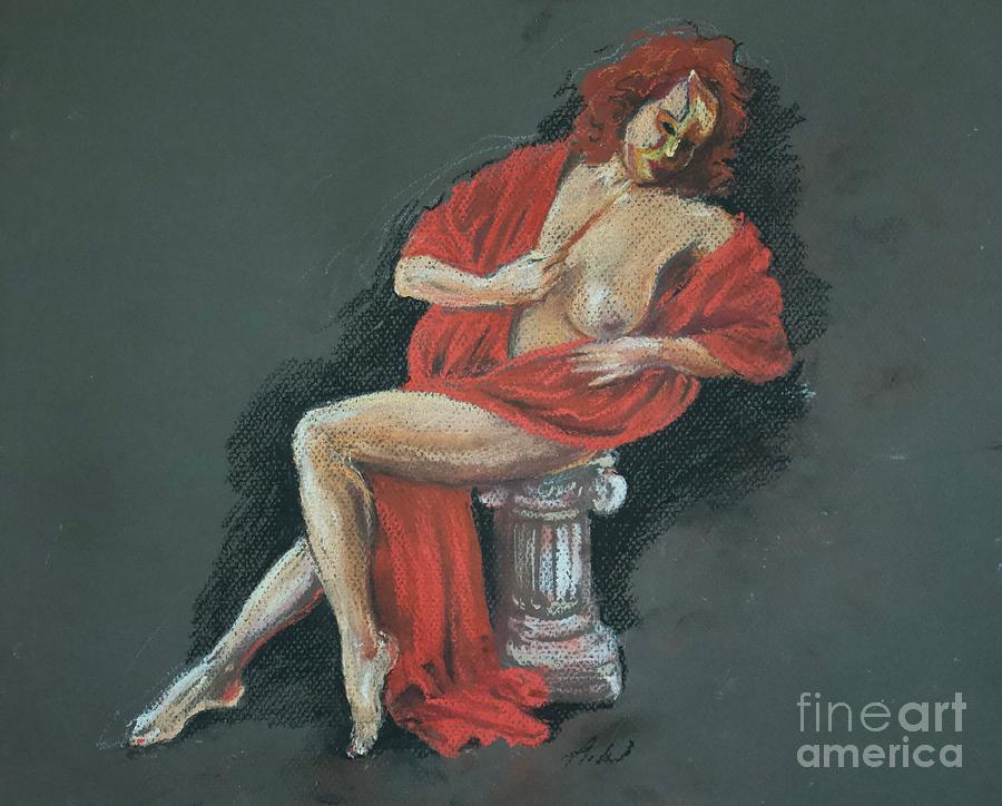 A reclining nude redhead woman with a mask, pastel drawing on paper, fine art Drawing by Anatol Woolf