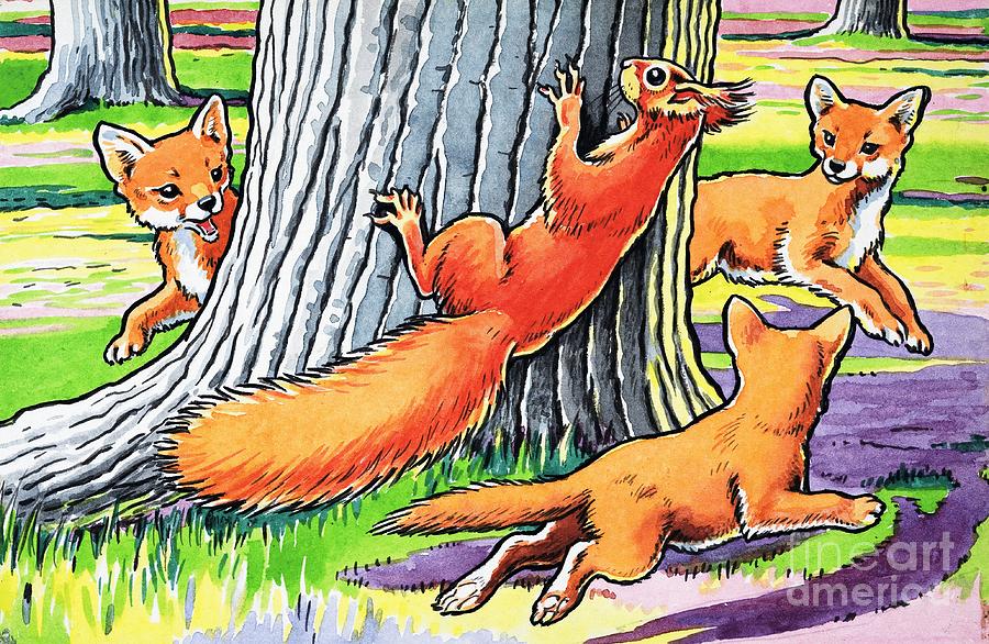 A Red squirrel and fox cubs Painting by Harry M Pettit